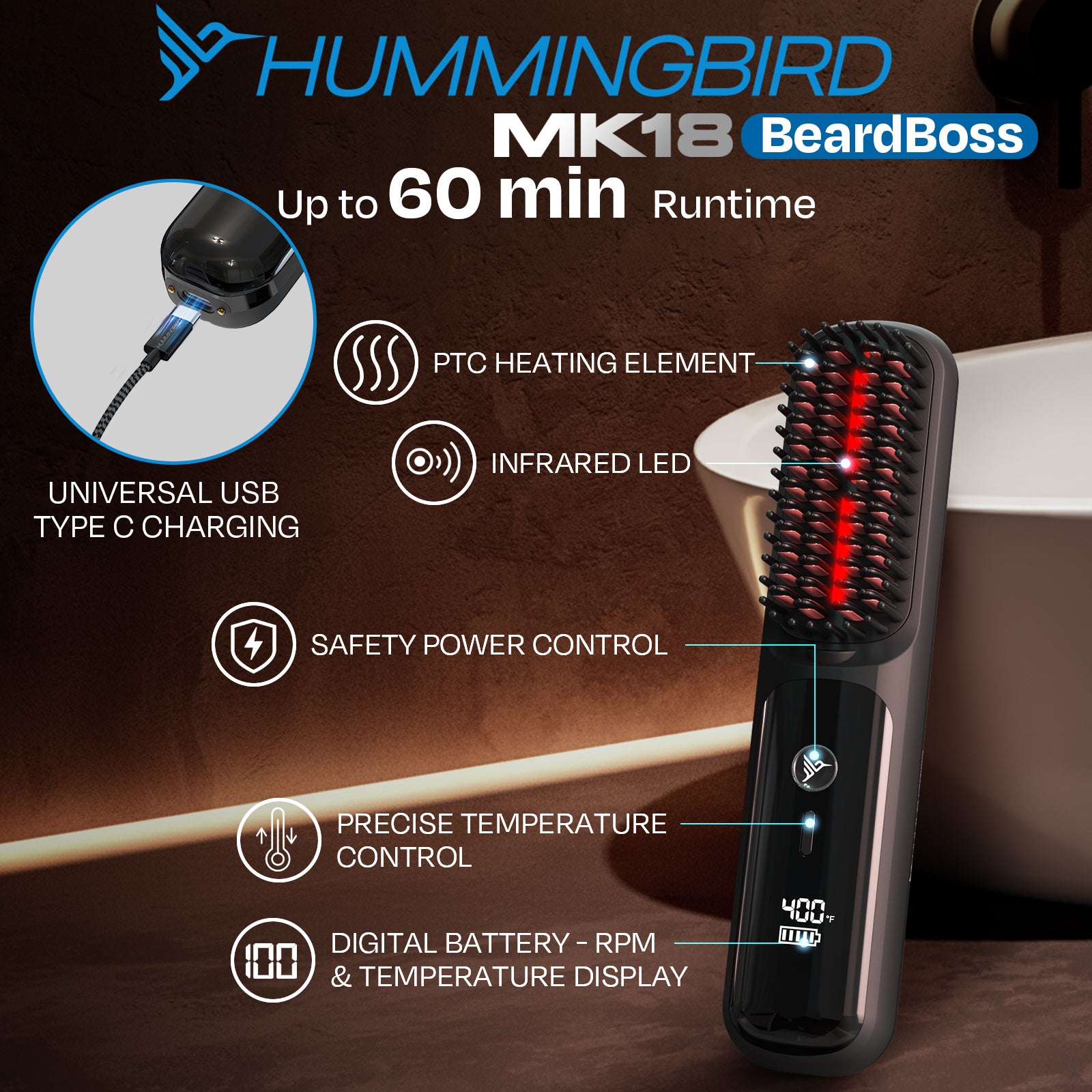 MK18 BeardBoss Cordless Beard Straightener – Hummingbird